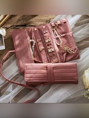 Pink Velvet Jewelry Roll Travel Organizer Case Ring Necklace Storage